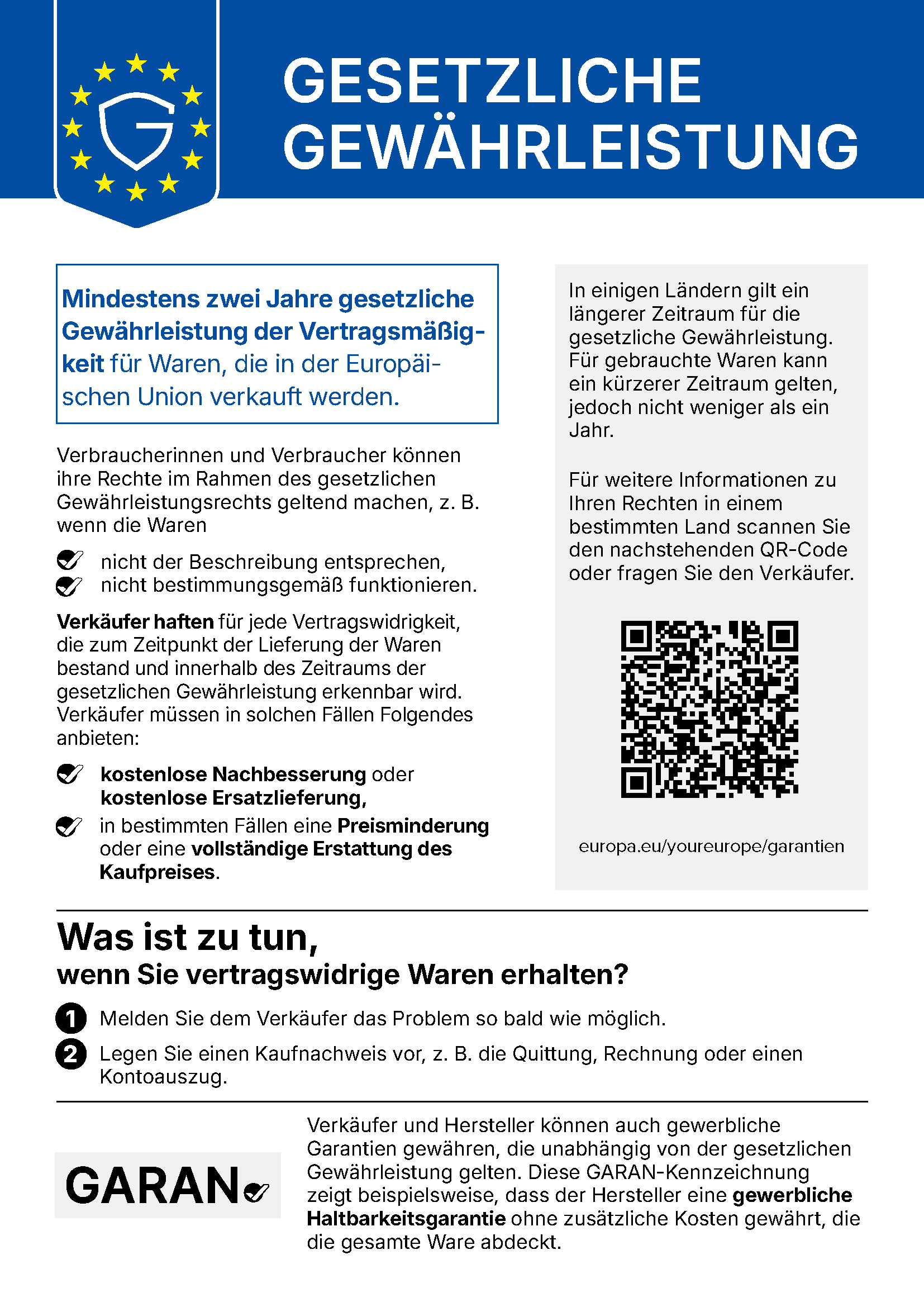 Hinweis zu den gesetzlichen Gewährleistungsrechten